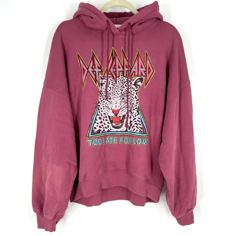 Daydreamer Def Leppard Too Late For Love Oversized Hoodie Sweatershirt Pink XS
